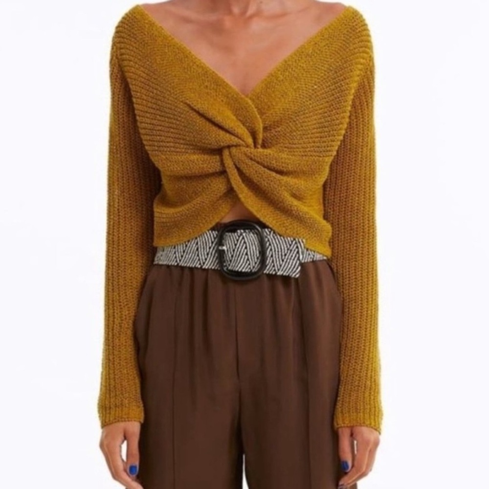 Zara Mustard V-Neck Twist Sweater